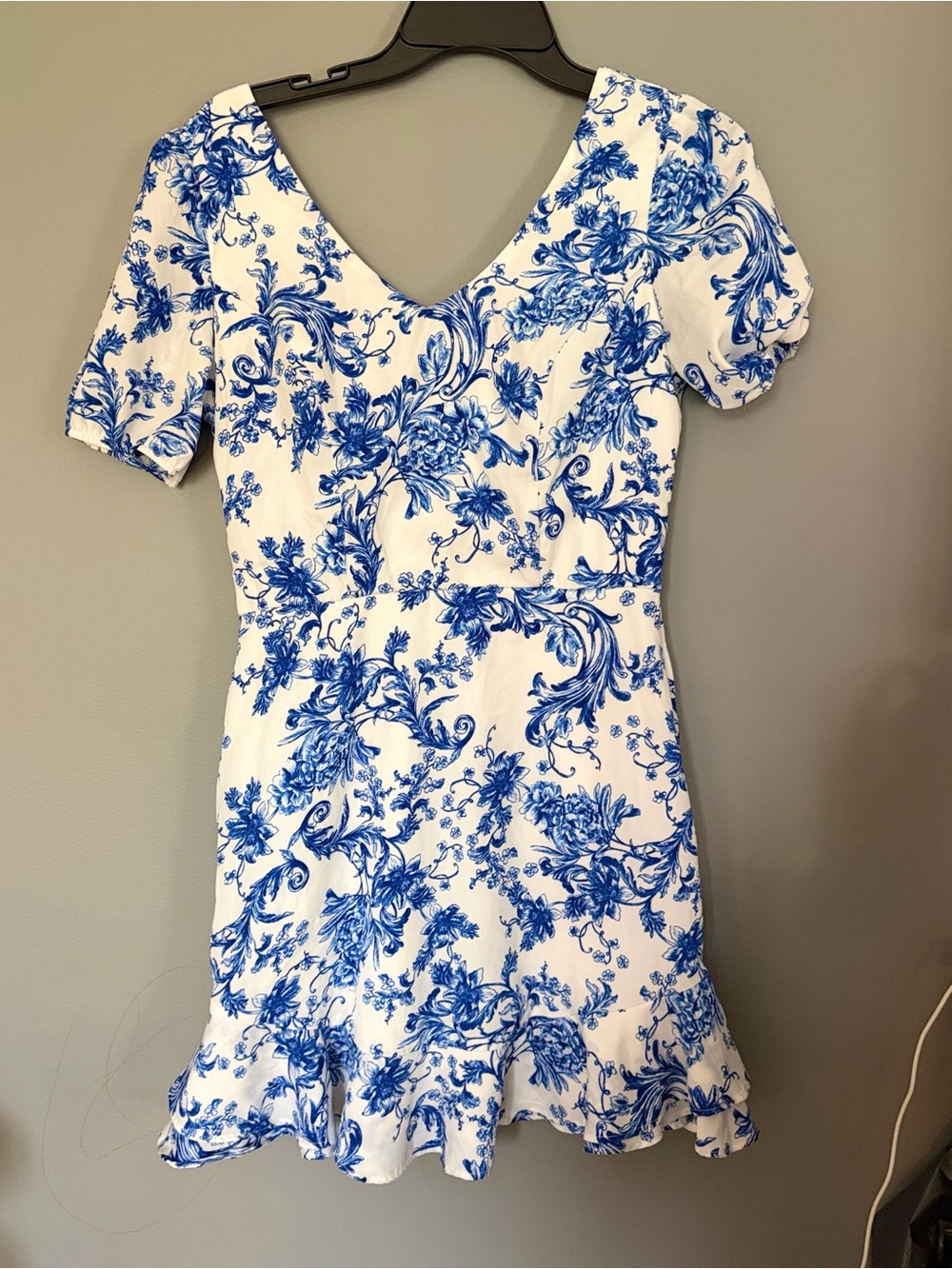Blue & White Floral V-Neck Mini Dress